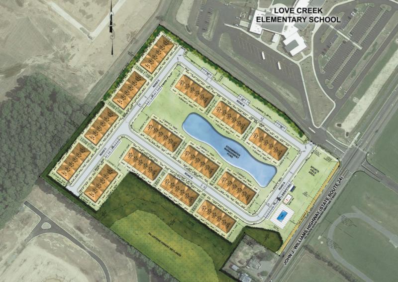 The School Lane site plan shows 84 units contained in 14 two-story buildings with a entrance shared with Love Creek Elementary School. DAVIS, BOWEN, FRIEDEL GRAPHIC